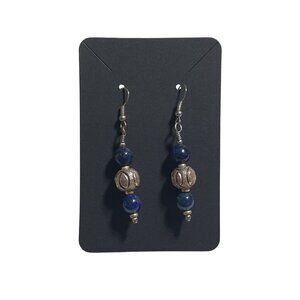Blue Beaded Drop Dangle Earrings Silver Tone Accents Hook Backing Elegant Handma